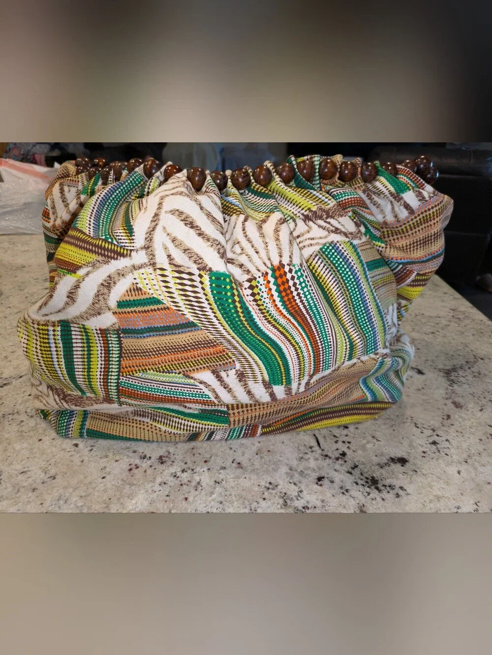 AMICI Accessories Boho Tribal Print Wooden Bead Handle Hobo Shoulder Bag Large